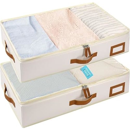 OrganiHaus Under Bed Storage Containers, Bedroom Storage and Organization Bins, Clothes Organizer for Closet with Clear Cover and Reinforced Handles - Set of 2 23.5x12.5x5 inches Off-White