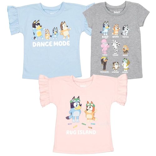 Bluey Girls 3 Pack T-Shirts Toddler to Big Kid Sizes (2T - 10-12)