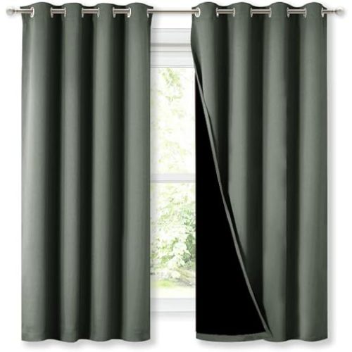 NICETOWN Dark Mallard 100% Blackout Lined Curtains, 2 Thick Layers Completely Blackout Window Treatment Thermal Insulated Drapes for Kitchen/Bedroom (1 Pair, 52" Width x 63" Length Each Panel)