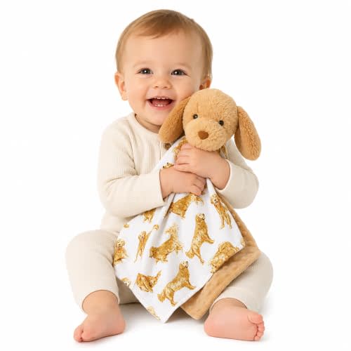 Mud Pie Golden Retriever Woobie Lovey Blanket, Plush Baby Security Blanket with Chime Rattle and Minky Lining