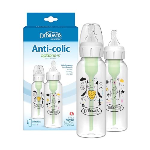 Dr. Brown's Natural Flow Anti-Colic Options+ Narrow Baby Bottle, Bear & Owl, 8 oz/250 mL, with Level 1 Slow Flow Nipple, BPA Free, 0m+, 2-Pack
