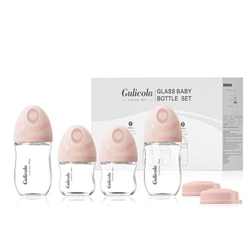 Gulicola Natural Glass Baby Bottles Set 4 Pack, Newborn Girl Breastfeeding Bottles with Slow Flow Nipples, 0 Months+, 3 oz & 5 oz - Pink