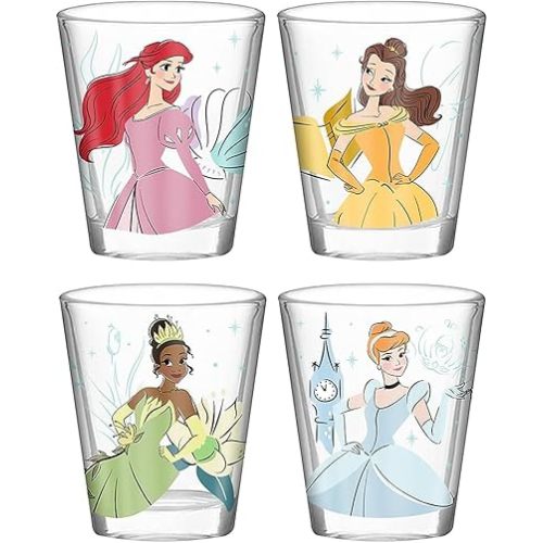 Silver Buffalo Disney Princess Featuring Ariel, Belle, Tiana, and Cinderella 4 Pack Mini Glass Set, 1.5 Ounces