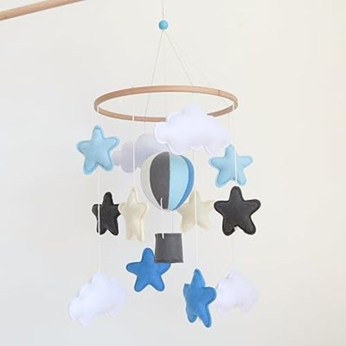 Sky Blue Hot Air Balloon Mobile for Crib Baby Mobile for Boys Stars & Clouds Hot Air Balloon