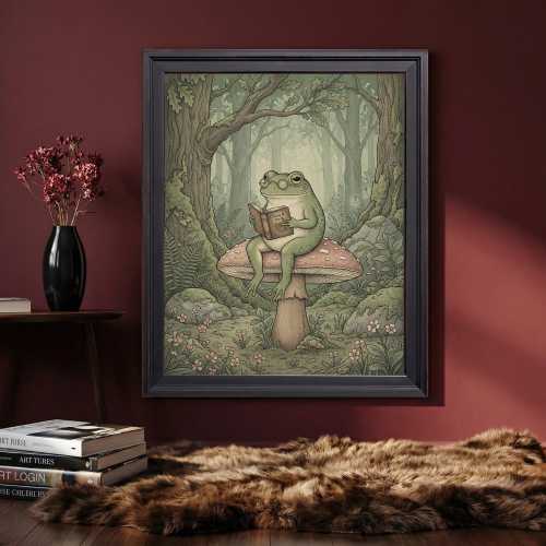 Vintage Frog Reading Book on Mushroom Art, Whimsical Forest Canvas Print, Storybook Nursery Decor