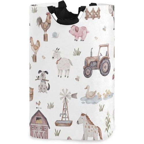 Kigai Farm Animal Laundry Basket, Waterproof Collapsible Laundry Hamper for Baby Nursery, Large Dirty Clothes Storage Bin Organizer for Kids Bedroom Playroom, 12.6x11x22.7 Inch