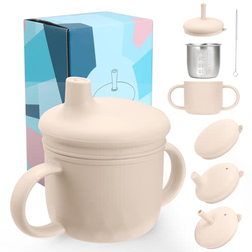 Mity rain 3-In-1 Stainless Steel Sippy Cup for 6+ Month Old, Baby Straw Cups for Toddlers 1-3 with Travel Lid, Silicone Straw, Replacement Straw & Cleaning Brush - 8oz Toddler Cups Spill Proof Set
