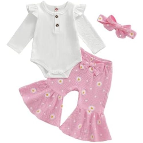 Newborn Baby Girls Clothes Infant Ribbed Knit Romper Tops and Daisy Print Bell-Bottoms Headband Clothing Sets