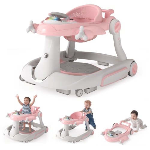 LINLUX 5 in 1 Foldable Baby Walker 3 Heights, Toddler Activity Walker w/Music & Lights, Pink&Beige