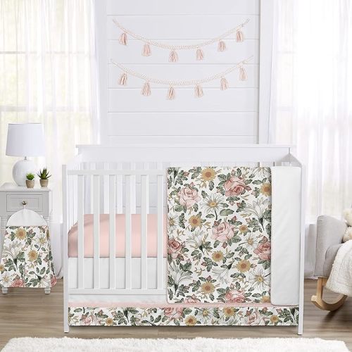 Sweet Jojo Designs 4-Piece Baby Crib Bedding Set (Boho Vintage Floral) for Girls, Infants/Nursery incl. Blanket, Fitted Sheet, Skirt, Diaper Stacker (Shabby Chic, Rose, Daisy, Bohemian, Farmhouse)