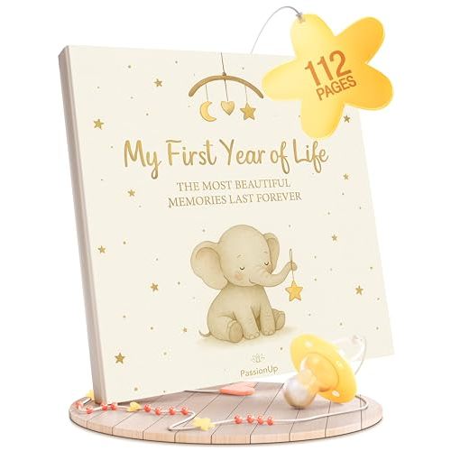 PassionUp Baby Memory Book for Boy Girl with Extra Space for Favorite Photos - First Year Baby Book Keepsake with Themed and Monthly Sections - 8x8 in. - Lovely Gift for Parents and their Newborns