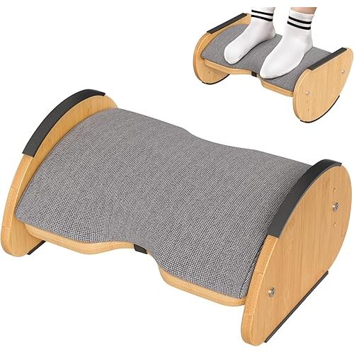 Amazer Bamboo Under Desk Footrest with Cushion 3-in-1, Reversible Ergonomic Rocking Foot Rest for Under Desk at Work, Adjustable Foot Stools with Washable Cover, Desk Leg Rest for Home Office