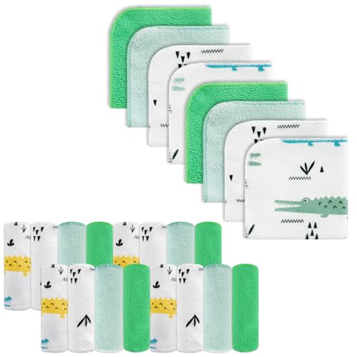 Baby Washcloths, 24Pack Baby Wash Cloths Extra Soft & Ultra Absorbent, Baby Towels and Washcloths Face Towels for Unisex Boys Girls Body, Washclothes Gentle on Sensitive Skin, 9x9 Green Crocodile