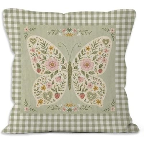 Cottagecore Floral Butterfly Throw Pillow Cover 18x18, Baby Girl Nursery Decorative Pillow Covers for Kids Toddler Girls Room Bedroom, Vintage Green Gingham Plaid Accent Pillows Cover Pillowcases