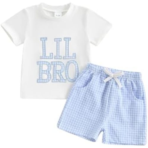Big Brother Little Brother Matching Outfit Letter Embroidery T-Shirts + Plaid Shorts 2PCS Baby Boys Summer Clothes Set