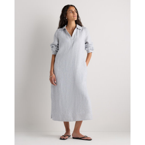 100% European Linen Popover Maxi Dress in Blue Pinstripe