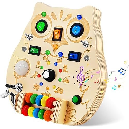 Busy Board Montessori Wooden Sensory Toy with LED Light Switches, Music, Toddler Light Switch Activity Travel Toys for 1 2 3 Year Old Boys Girls Toddler Toys Gifts
