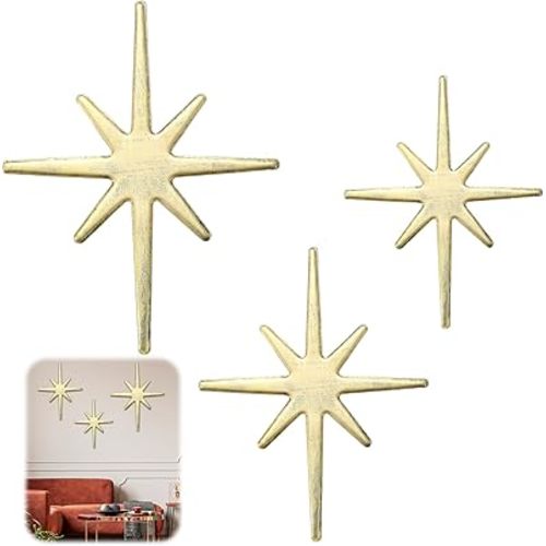 3 Pcs Star Wall Art for Home Decor Living Room Bedroom Office Metal 3D,Bling,with Hanging Hook Starburst Midcentury Sculpture Retro Gallery Accent Celestial -Gold