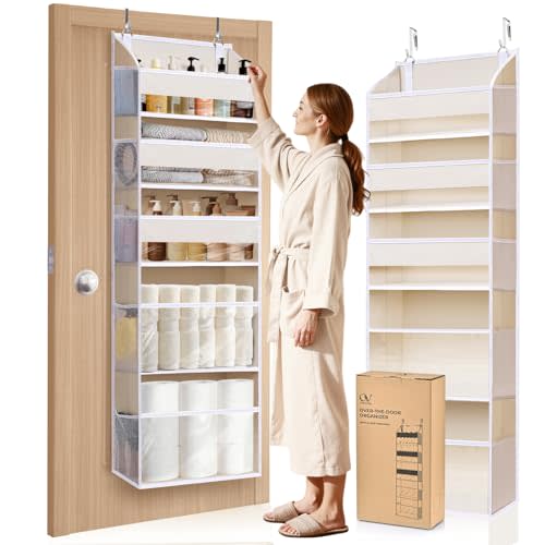 5 Tiers Over the Door Organizer with 10 Mesh Side Pockets, 44 lbs Weight Capacity Closet Hanging Storage Organizer with Large Clear Window Kids Toys, Shoes, Diapers, Beige