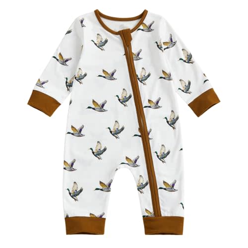 Seyurigaoka Baby Boy Western Long Sleeve Zipper Romper Fall Winter Clothes | Newborn Mallard Duck Footless Jumpsuit, Infant Highland Cow Outfits, Cowboy Clothes