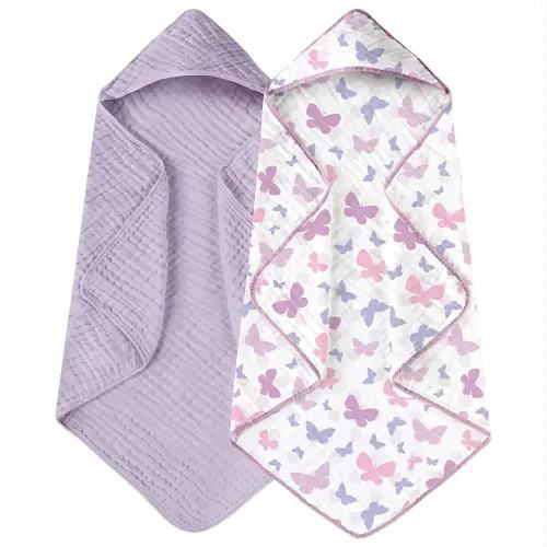 Yoofoss Hooded Baby Towels for Newborn 2 Pack 100% Muslin Organic Cotton Baby Bath Towel with Hood for Babies, Infant, Toddler and Kids, 32x32Inch, Soft and Absorbent Newborn Essential, Butterfly
