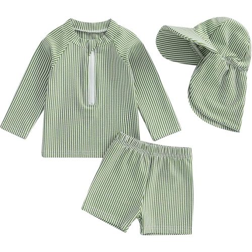 Toddler Baby Boys Seersucker Long Sleeve Swimsuit Trunks Bathing Suit Swimwear with Hat 3Pcs Rash Guard Set