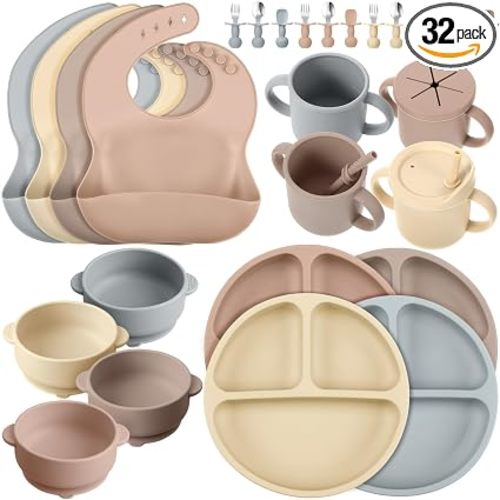 Yinder 32 Pack Silicone Baby Feeding Set Baby LED Weaning Supplies Includes Suction Divided Plates Soft Bowl Spoons Forks Adjustable Bib Snack Cup with Lid and Straws (Soft Color)