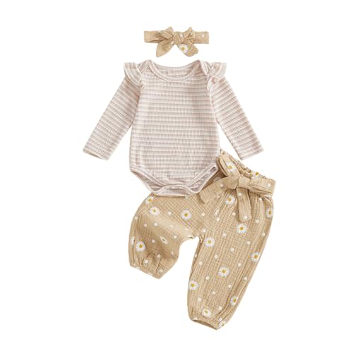 Kaipiclos Newborn Infant Girl Clothes Rib Knit Romper Daisy Print Pants Headband Baby Clothes for Girls 0 3 6 12 18 24 Months