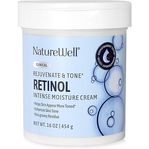 NATURE WELL Clinical Rejuvenate & Tone Retinol Intense Moisture Cream for Face, Body, & Hands, Anti-Aging, Targets Discoloration, Wrinkles, Sun Damage, Crepey, & Sagging Skin, 16 Oz