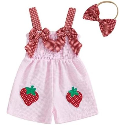 Baby Girls Romper Sleeveless Strawberry Embroidery Plaid Shorts Jumpsuit Casual Summer Cute Bow One Piece Clothes