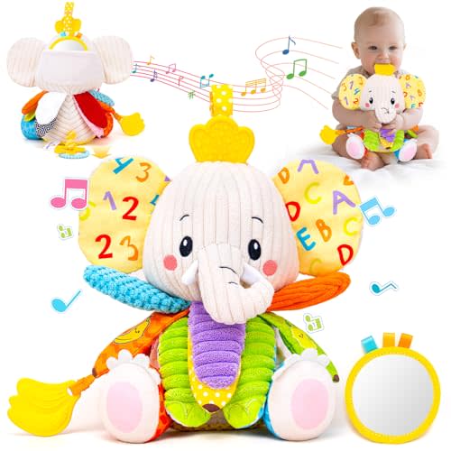 Baby Toys 3-6 Months, Musical Stuffed Elephant Toddler Toy for Newborn Infant 3 6 9 12 Months, Tummy Time Toys Montessori Sensory Toys 0-6 6-12 Months, Crinkle Paper, Mirror Soothing Music Shower Gift