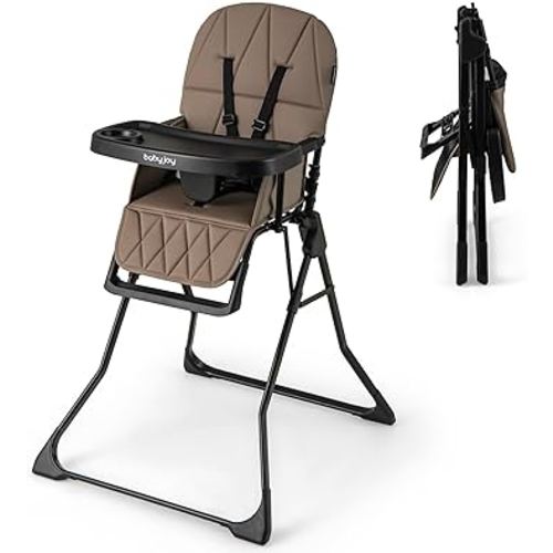 BABY JOY Foldable High Chair, Portable Highchairs for Babies and Toddlers with 3-Position Adjustable Tray & Footrest, Removable Seat Cushion, 5-Point Safety Harness, Space Saving Design (Coffee)