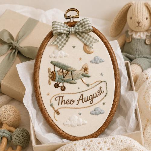 Personalized Baby Boy Airplane Hoop Art, Custom Embroidered Name Banner Sign, Neutral Nursery Decor Keepsake