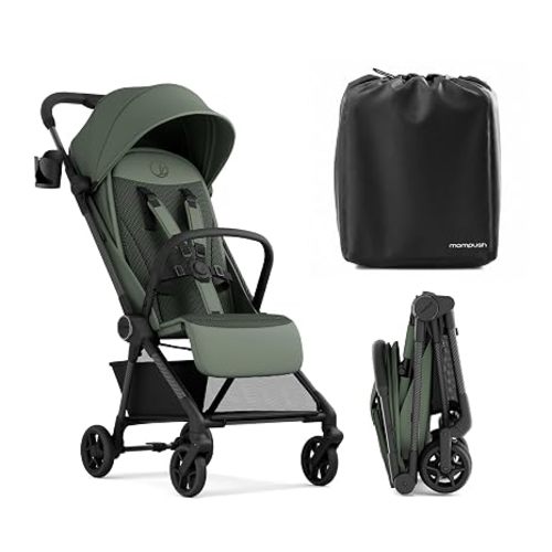 Mompush Nexis Carbon Fiber Lightweight Travel Stroller, Carry-On, Forest | Lightweight travel stroller for airplane, compact auto-fold, one-hand recline, XL basket, cup holder, rain cover included