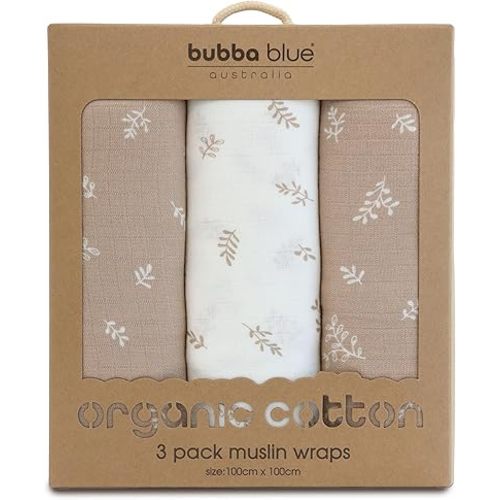 Bubba Blue Organic Cotton Muslin Wraps, Chestnut (Pack of 3)