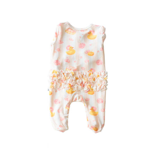 Ruffle Zipper Footie in Bubble Duckies Pink | Caden Lane