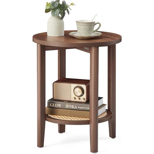 VASAGLE Round Side End Table, 2-Tier Boho Bedside Table with Rattan-Look Storage Shelf, Nightstand for Small Spaces, for Living Room, Bedroom, Home Office, Black Walnut ULET296K01