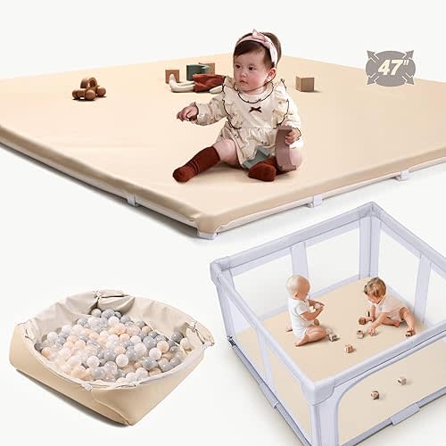 Hikiddy Baby Padded Floor Mat: 2025 Upgrade 2-in-1 Foldable 47x47 Foam Soft Mat & Play Pit- 1.4inch Extra Thick Vegan Leather Waterproof Play Mat for 50x50 Playpen -Playmat for Infants Babies