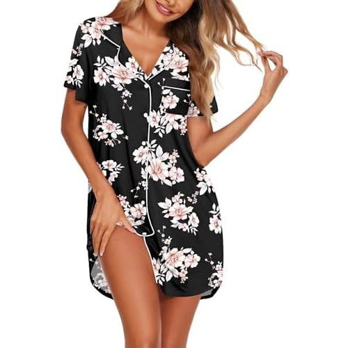 Ekouaer Womens Nightgown Button Down Night Gowns Short Sleeve Sleepshirt V Neck Nightshirt Soft Sleepwear S-XXL