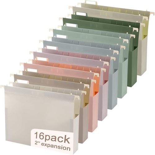 gisgfim 16 Pack Plastic Hanging File Folder Letter Size 2inch Expanding File Folders with Tabs Extra Capacity Hang Folders Heavy Duty for Filing Cabinet Designed for Bulky Files Morandi Colors