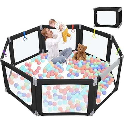 Kidirect Foldable Baby Playpen, 71"×69" Extra Large Playpen for Babies and Toddlers, Baby Play Pen with Safety Gate, Corrales para Bebes, Adjustable Portable Play Yard for Babies Indoor Outdoor, Black
