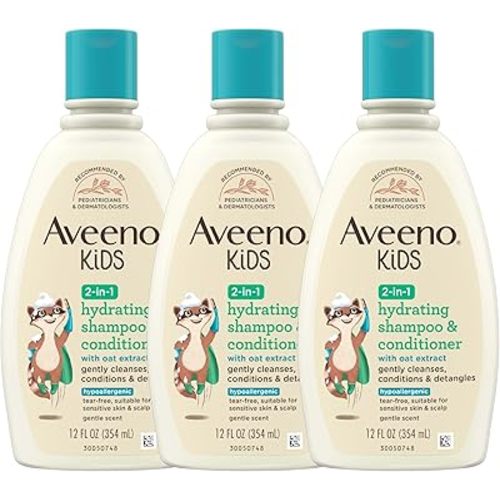 Aveeno Kids 2-in-1 Shampoo and Conditioner, Hydrating Shampoo and Conditioner for Soft, Smooth and Easily Manageable Hair, Oat Extract Formula, Gentle Scent, Hypoallergenic, 12 fl. oz, 3 Pack