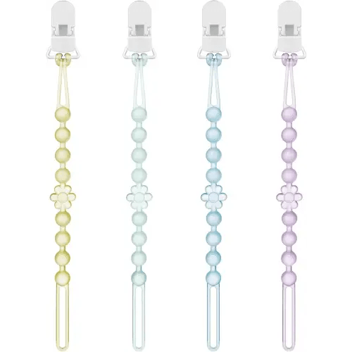 Iwooduubb Silicone Pacifier Clip Holder with One-Piece Beads, 4 Packs Soft Flexible and Rust-Free Binky Pacifiers Clips for Teething Relief Baby Essentials Accessories, Safe for Boy and Girl