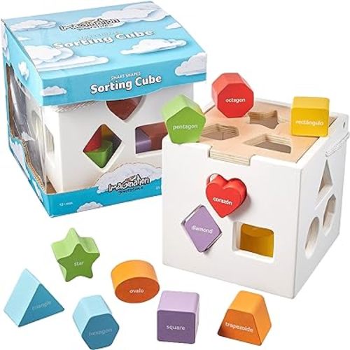 Smart Shapes Bilingual Sorting Cube - Activity Cube Toys for Toddler Learning in English and Spanish - Colorful Blocks in Wooden Shape Sorter Box - Educational Puzzle for Kids Ages 12 Months and Up