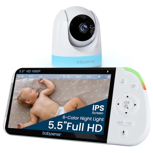 Babysense Full HD 5.5" Split Screen Baby Monitor with Camera and Audio, 6-Color Night Light, White Noise, Sound & Light Machine, 20-Hour Battery, Hack-Proof Non-WiFi Secure Connection