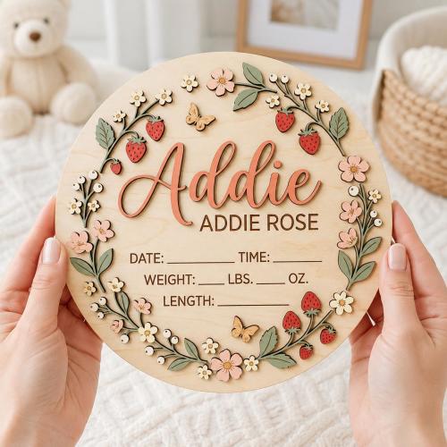 Personalized Strawberry Baby Birth Announcement Sign, Wooden Birth Stats Plaque, Custom Baby Name Sign, Floral Newborn Hospital Photo Prop