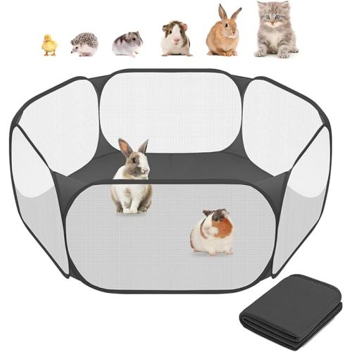 Amakunft 2 in 1 Small Animal Playpen with Waterproof Pad, Pop-Up Portable Play Yard for Guinea Pigs, Rabbits, Hamsters, Hedgehogs, Foldable Exercise Fence with Breathable Mesh for Indoor Outdoor Use