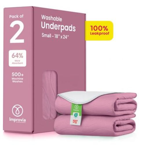 IMPROVIA® Washable Bed Pads for Incontinence, Waterproof Reusable, 18 x 24 in, 2-Pack (Pink & White)