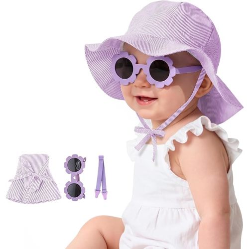 Durio UPF50+ Baby Sun Hat and Sunglasses - Sun Protection Hat for Boy Girl, Wide Brim Summer Beach Hats for Newborn Toddler