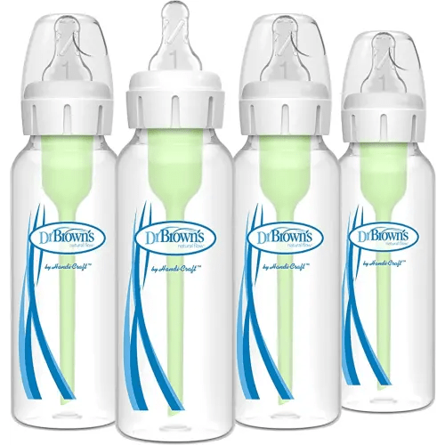 Dr. Brown's Natural Flow Anti-Colic Options+ Narrow Baby Bottle, 8 oz/250 mL, with Level 1 Slow Flow Nipples, 0m+, 4 Pack